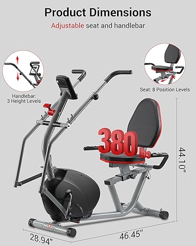 Miniatura 3 de ECHANFIT Recumbent Exercise Bike with Arm Exerciser for Home - Elliptical Recumbent Cross Trainer with Backlit Display, Pulse Sensor, 8-Level