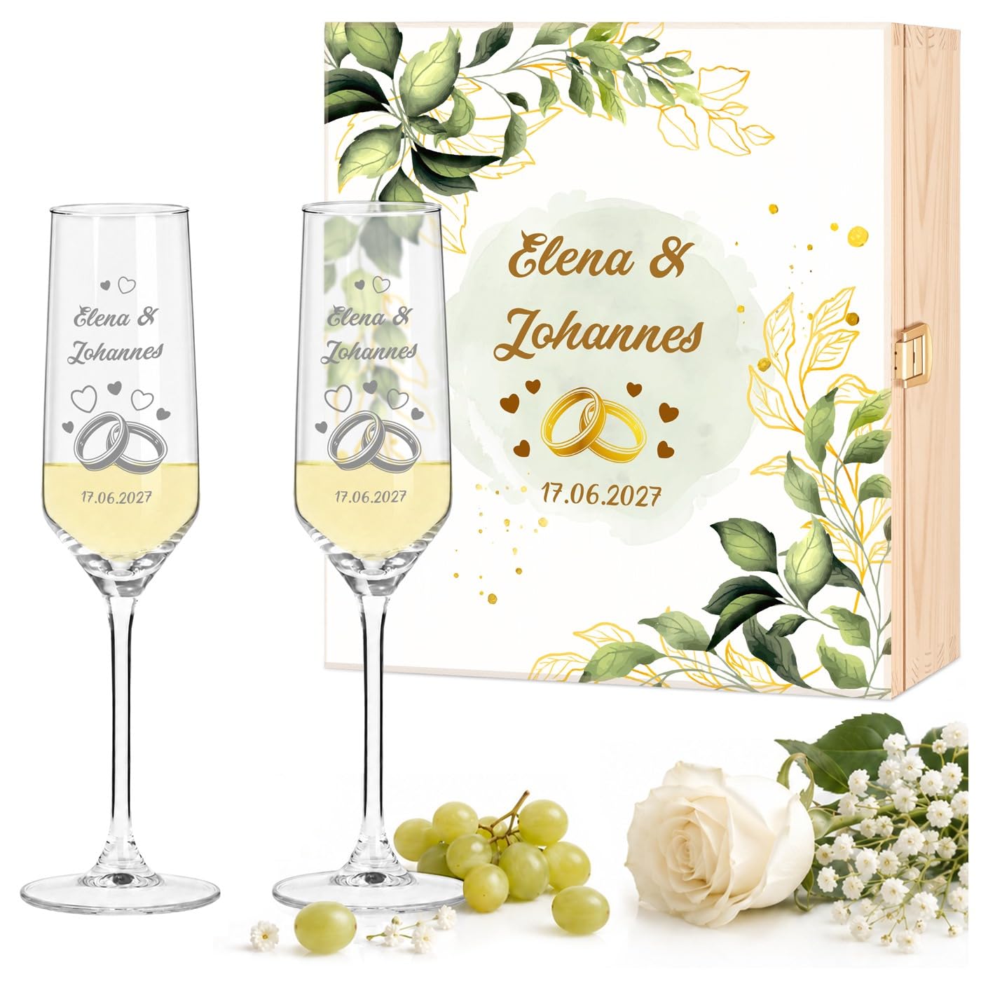 Maverton 2 Sektgläser mit Gravur in Holzkiste - Champagner Gläser 220ml - personalisierte Geschenke für Paar - Hochzeitsgeschenke für Brautpaar - Geschenk Hochzeit