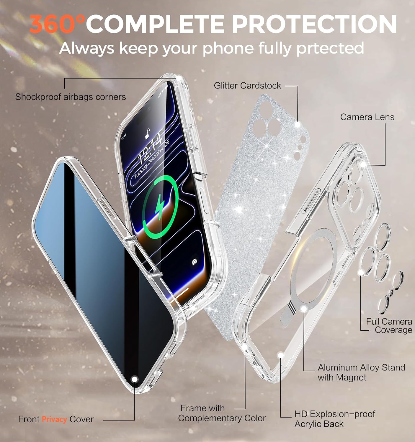 magnetic privacy case for iphone 17 pro max [diy glitter cardstock] [invisible magnetic kickstand] built-in anti peep screen protector, camera protection full body glitter case for women - clear for iphone 17 pro max clear glitter