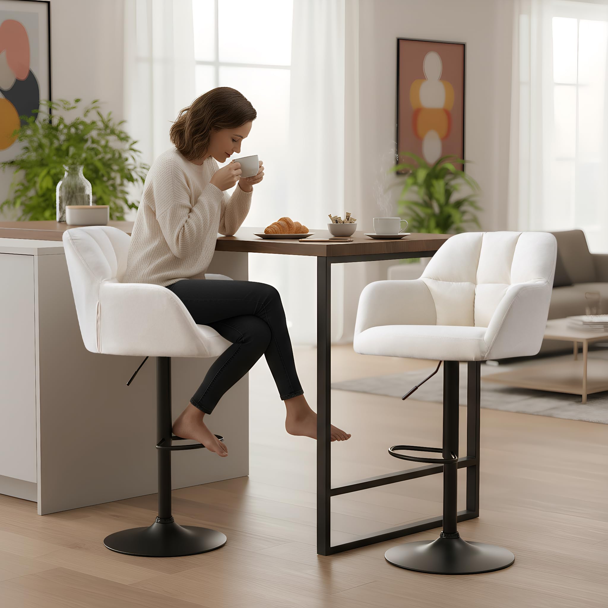 Ya-Home Set di 2 Sgabelli da Bar in Velluto Sgabelli Cucina Imbottiti con Schienale Sgabelli Alti Moderni Sedie da Bar Regolabile e Girevole per Cucina Penisola, Beige