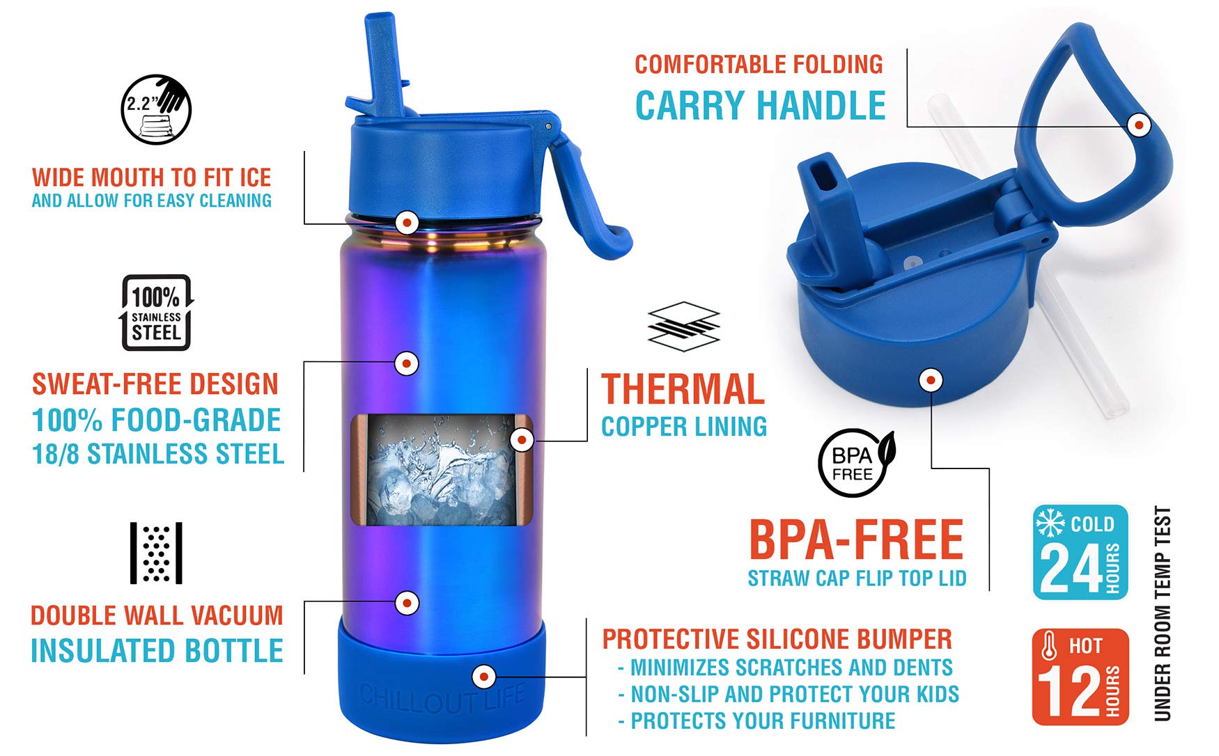 CHILLOUT LIFE Isolierte Kinder-Wasserflasche für die Schule, mit Strohhalm-Deckel, auslaufsicher und niedlich, wasserfest, personalisierbar, Edelstahl-Thermosflasche, Metall-Wasserflasche,