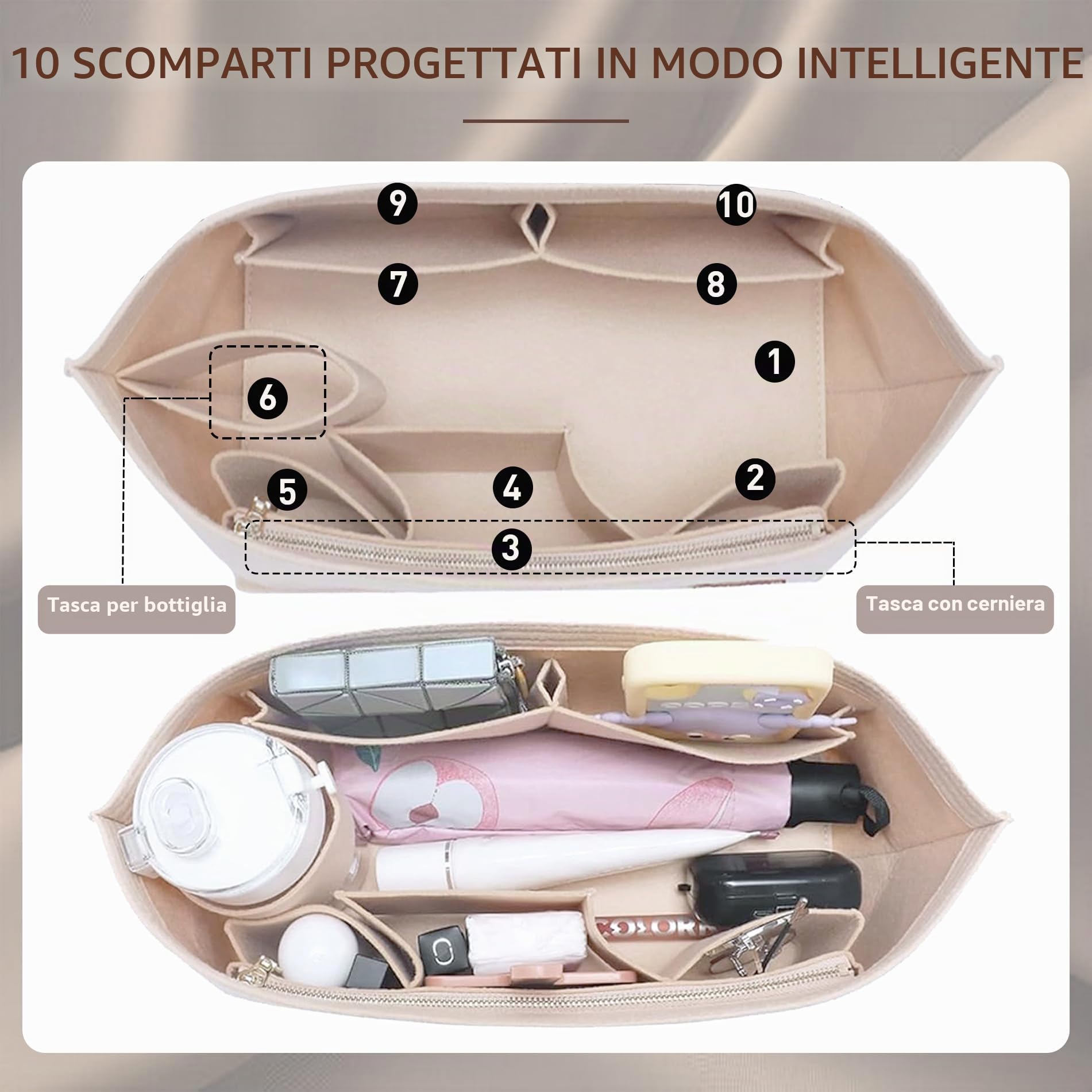 Doxo, Set di 2 organizer per borse e base sagomata, organizer in feltro con cerniera, misura L, 7 misure, adatto per Speedy, Neverfull MM/City33 e altre (combinazione beige, L)