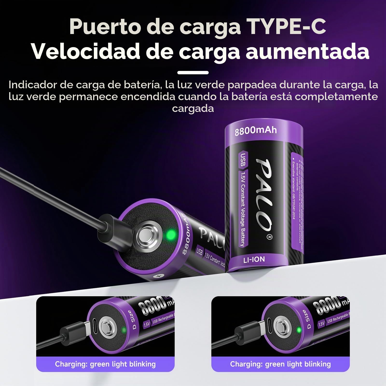 1,5V Baterías Litio USB-C D LR20 8800mAh Batería Carga Rápida Tipo-C Baterías con Cable de Carga, Baja Autodescarga, con Luz de Carga, 1500+ Ciclos, Paquete de 6 Baterías D