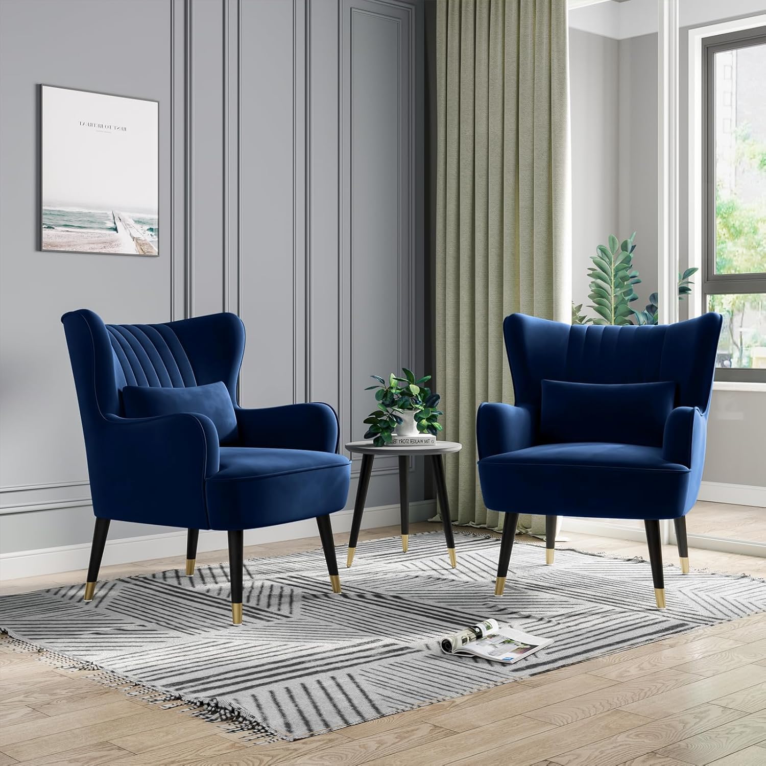 Vesgantti Samt Sessel, Moderne Relaxsessel mit Holzbein, Loungesessel mit Armlehnen, Ohrensessel für Wohnzimmer Schlafzimmer (Blau, Ohne Fußhocker)