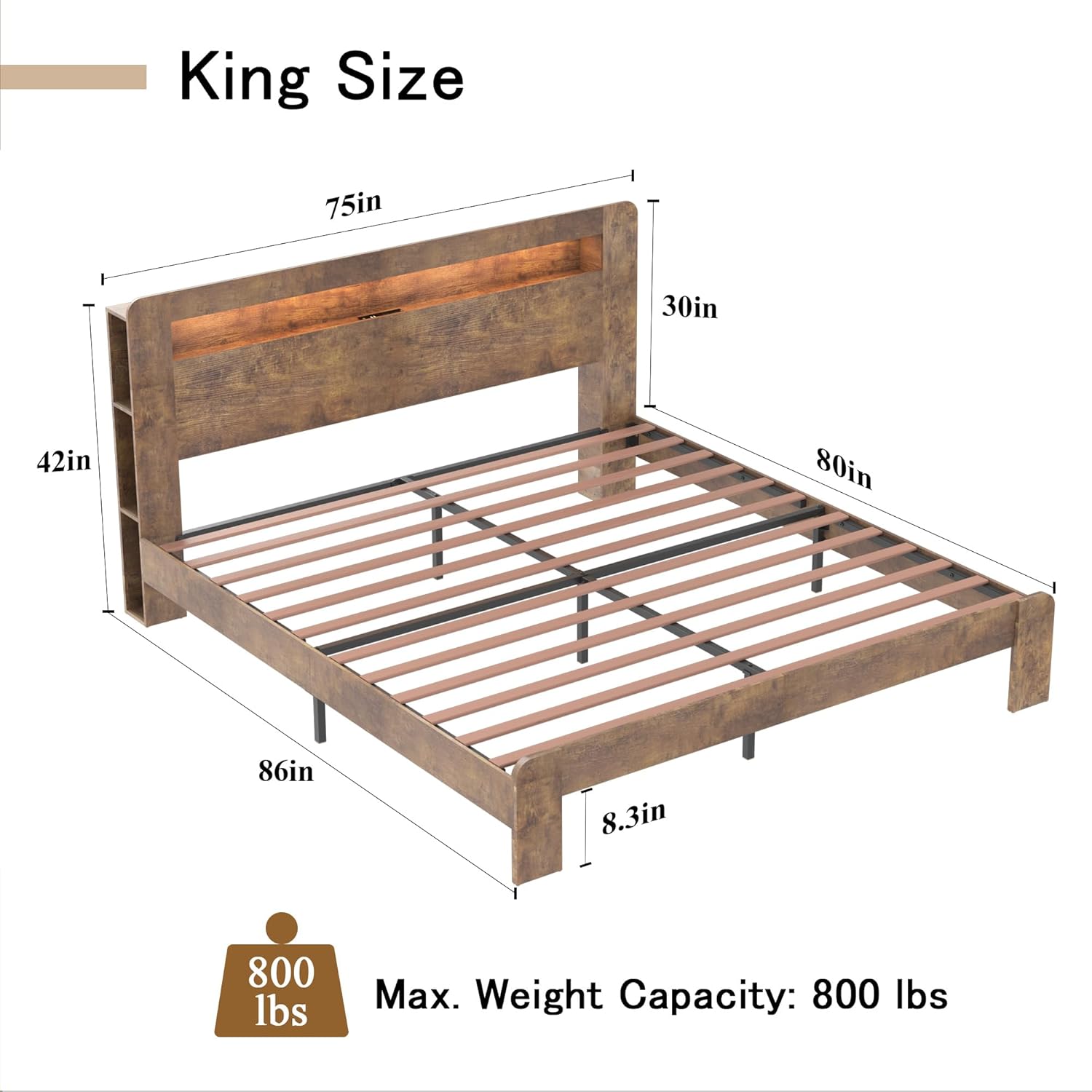 Decoholic King Size Bed Frame with Storage Headboard，Bookcase Shelf ， Charging Station & Led Lights, Solid and Stable, Noise Free,Rustic Farmhouse Sturdy Framework Wood Bedframe, Easy Assembly