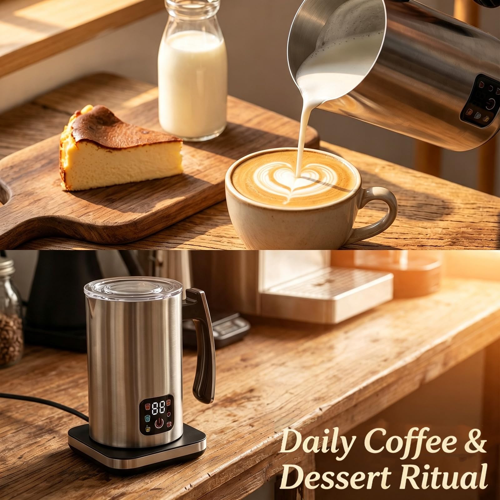 Elektryczny spieniacz do mleka i parowiec, 600 ml, odłączany, do latte | cyfrowy wyświetlacz temperatury. Odłączany dzbanek ze stali nierdzewnej 304 umożliwia automatyczne czyszczenie na gorąco