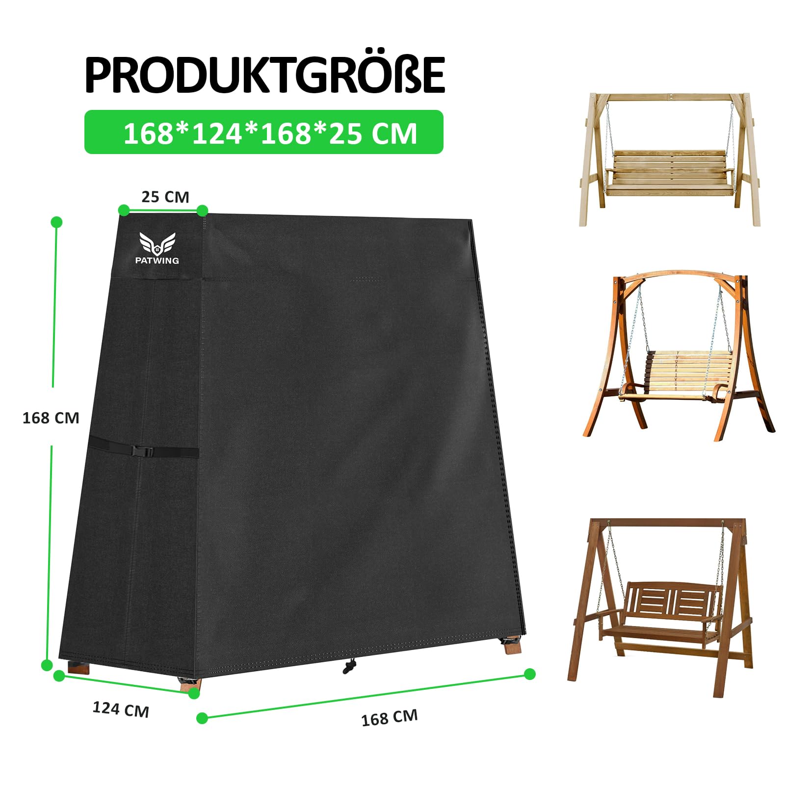 Housse de Balancelle Étanche Anti-UV 600D Oxford，168x124/25x168cm | Résistante aux intempéries, protection contre pluie, neige, poussière, avec cordon de serrage et fixation coupe-vent