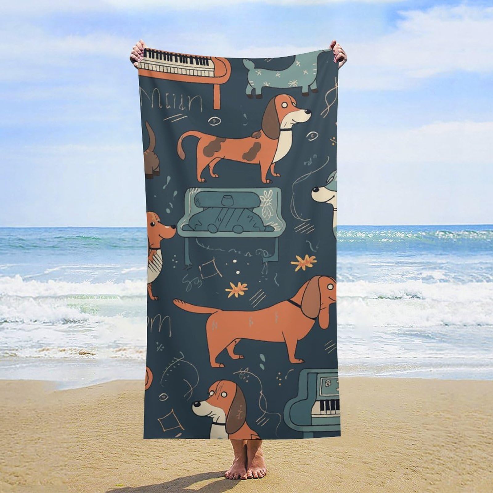 NTVOWPZO Dachshund and Piano Beach Towel Oversized Microfiber Bath Towels Lightweight Sand Proof Beach Towels Absorbent Pool Towels for Swimming Yoga Bathroom Towel 31.5" X 63"