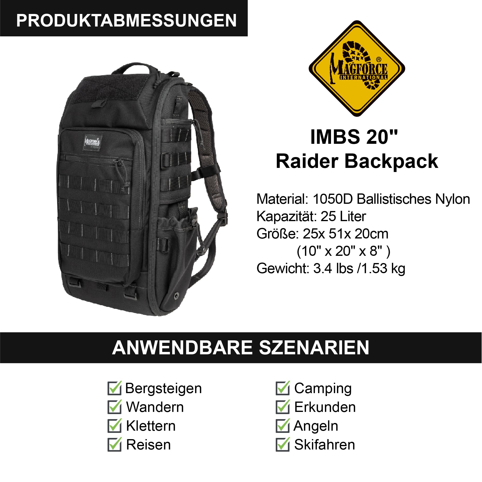 Magforce Tactical Raider - Mochila militar Molle de 25 litros, ligera y compresible, nailon balístico, compartimento para portátil, mochila de senderismo al aire libre con muchos bolsillos y correa
