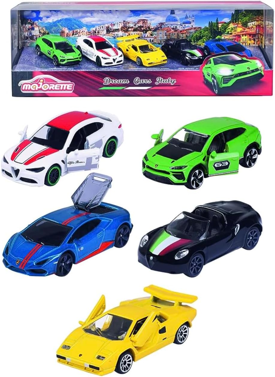 Majorette 212053178 Italian Dream Cars Gift Box-Features Five Premium Model Vehicles from Fiat, Alpha Romeo, and Lamborghini