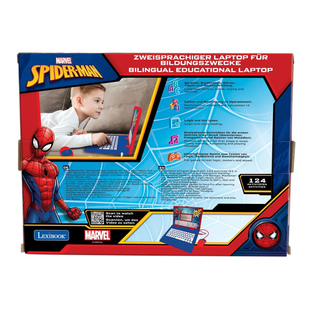 Lexibook JC598SPi3 Spider-Man Dwujęzyczny Laptop do Celów Edukacyjnych Angielski i Niemiecki, 124 Aktywności, Matematyka, Logika, Muzyka, Zegar, Gry, Zabawka dla Dzieci (Dziewczynki i Chłopcy),