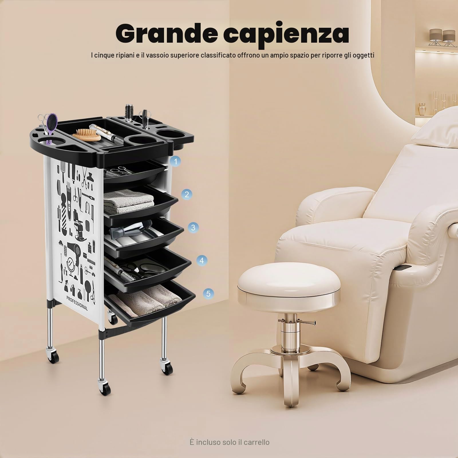 MINRS Carrello da parrucchiere, 52 x 36 x 90 cm, con 5 cassetti estraibili, per parrucchieri, parrucchieri, acconciature (bianco)