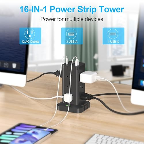 Miniatura 5 de BEVA Torre de regleta con puertos USB, torre protectora de sobretensiones 16 en 1, 12 puertos de CA y 4 USB, cable de extensión de 10 pies con