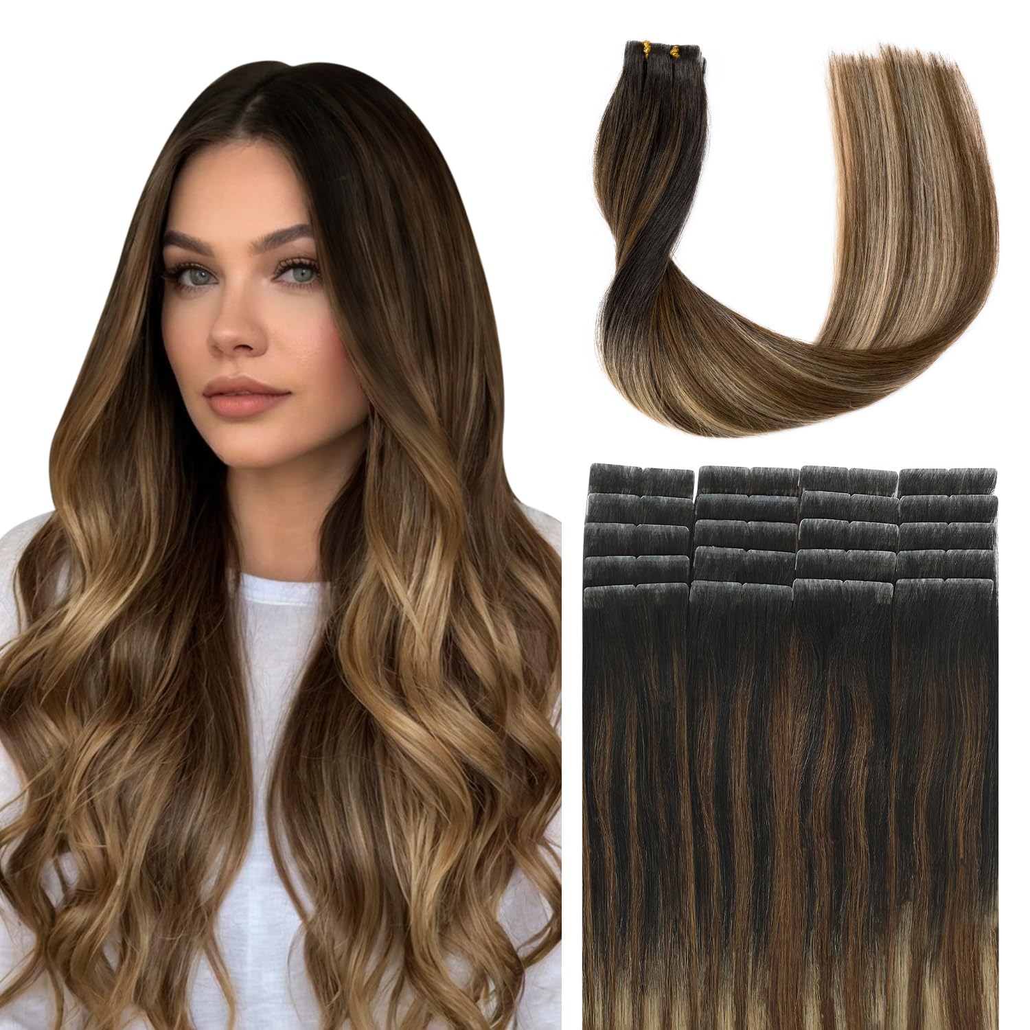 SURNEL Injected Tape in Hair Extensions 14 Inch Natural Black to Medium Brown and Bleach Blonde Natural Real Hair Extension Upgraded Seamless Remy Invisible Skin Weft Straight 20 Pcs 30g(#1B427-14)