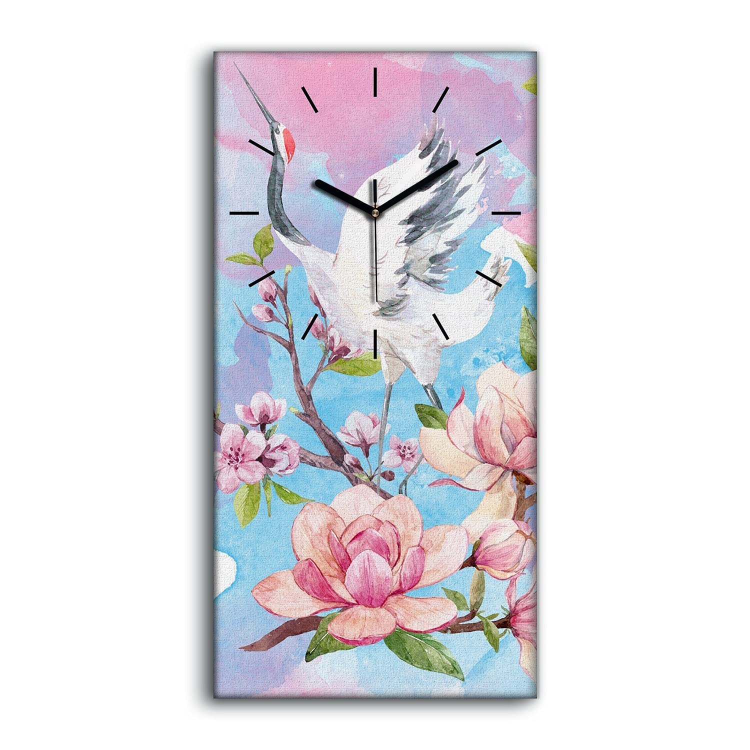 Horloge sur Toile Mains Noires Tableau Mural Fleurs et Oiseau 30x60cm Salon