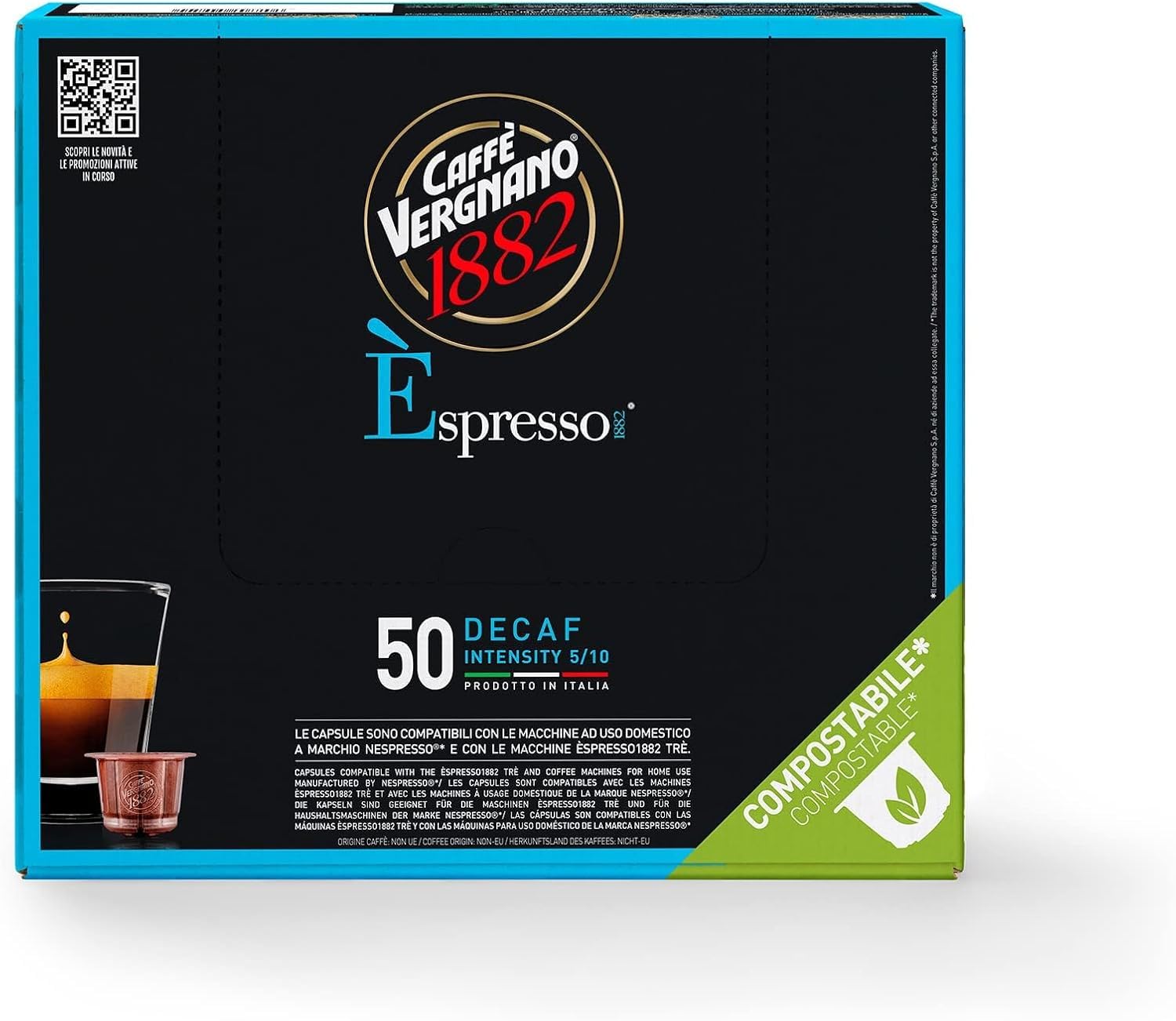 Caffè Vergnano 1882 Èspresso Miscela DEK Decaffeinato, 200 Capsule Compostabili Compatibili Nespresso -DD-