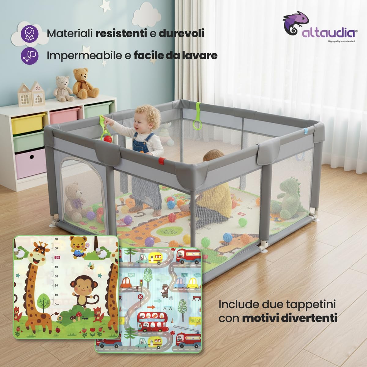 Parco giochi per 120x120 cm + Tappeto + 50 palline + Borse per il trasporto – Box per bambini con rete traspirante – Parco giochi divertente per bambini - Grigio