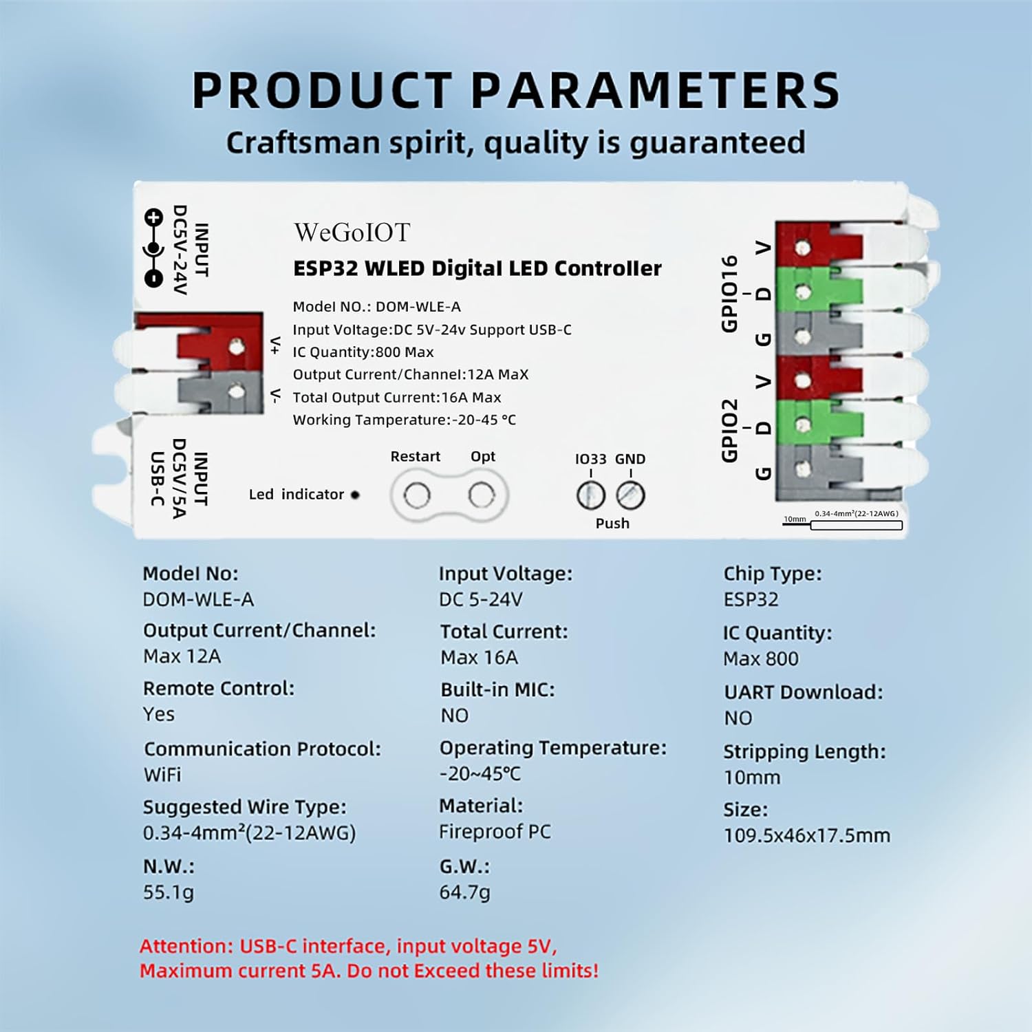 ESP32 WLED LED Strip Controller Mic UART USB Type-C Download Music Sound Dynamic Mode DIY WiFi APP Control for WS2811 WS2812B SK6812 WS2805 RGB IC FCOB Addressable with 16A Fuse