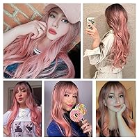Vista 3 de EMMOR Peluca larga color rosa degradado para mujer, pelucas sintéticas de cabello rizado natural con raíz oscura y explosión, uso diario