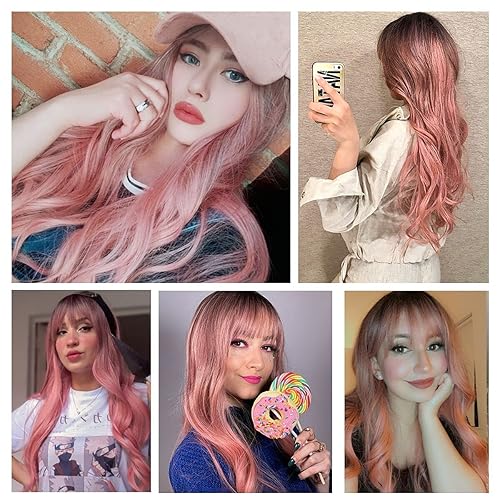 Miniatura 4 de EMMOR Peluca larga color rosa degradado para mujer, pelucas sintéticas de cabello rizado natural con raíz oscura y explosión, uso diario para