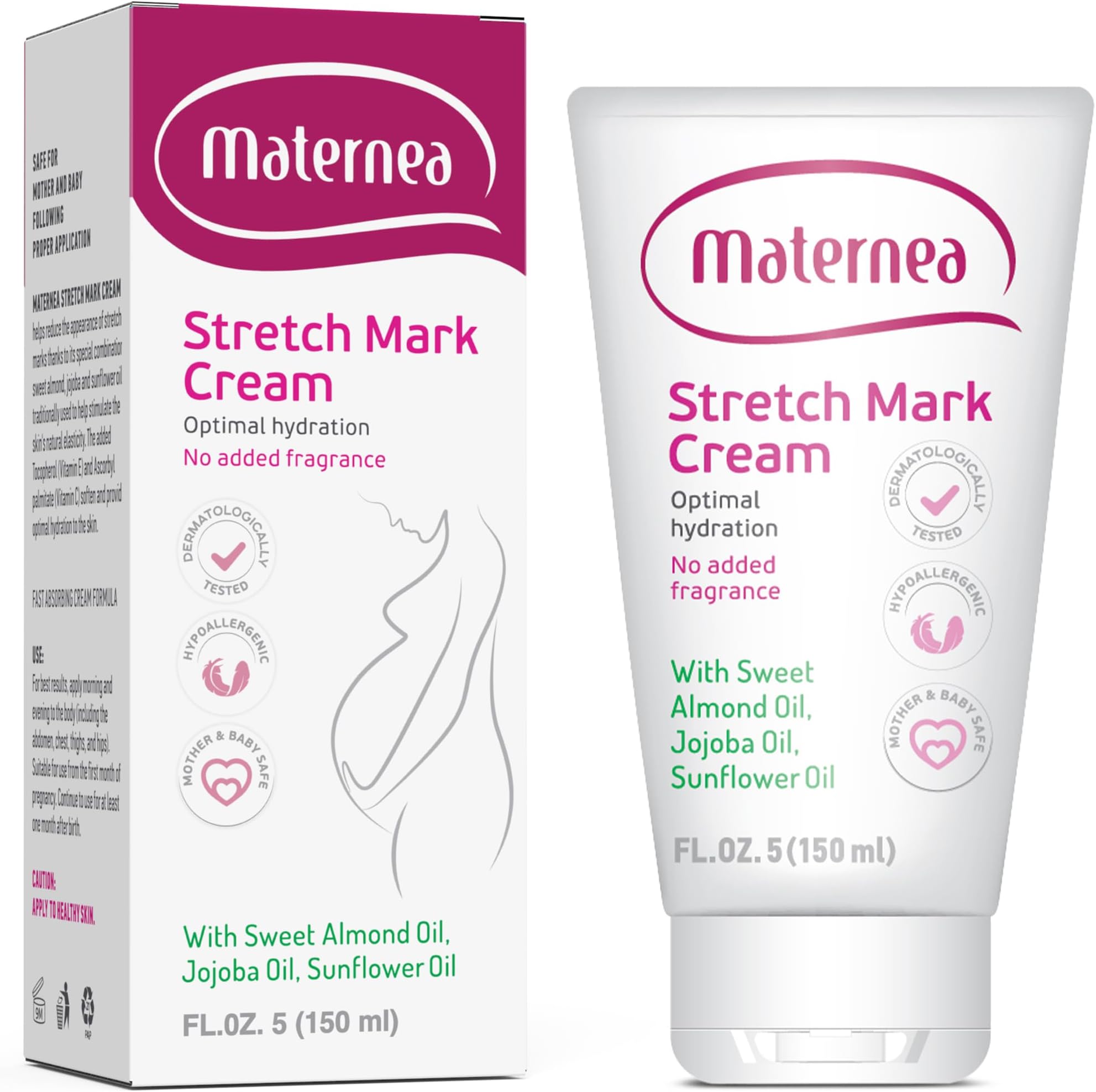 – Stretch Mark Cream - Hydrating Cream Pregnancy Care with Almond, Sunflower, & Jojoba Oils - Skin-Safe & Perfume-Free - Pregnancy Stretch Mark Cream by Maternea (150ml)