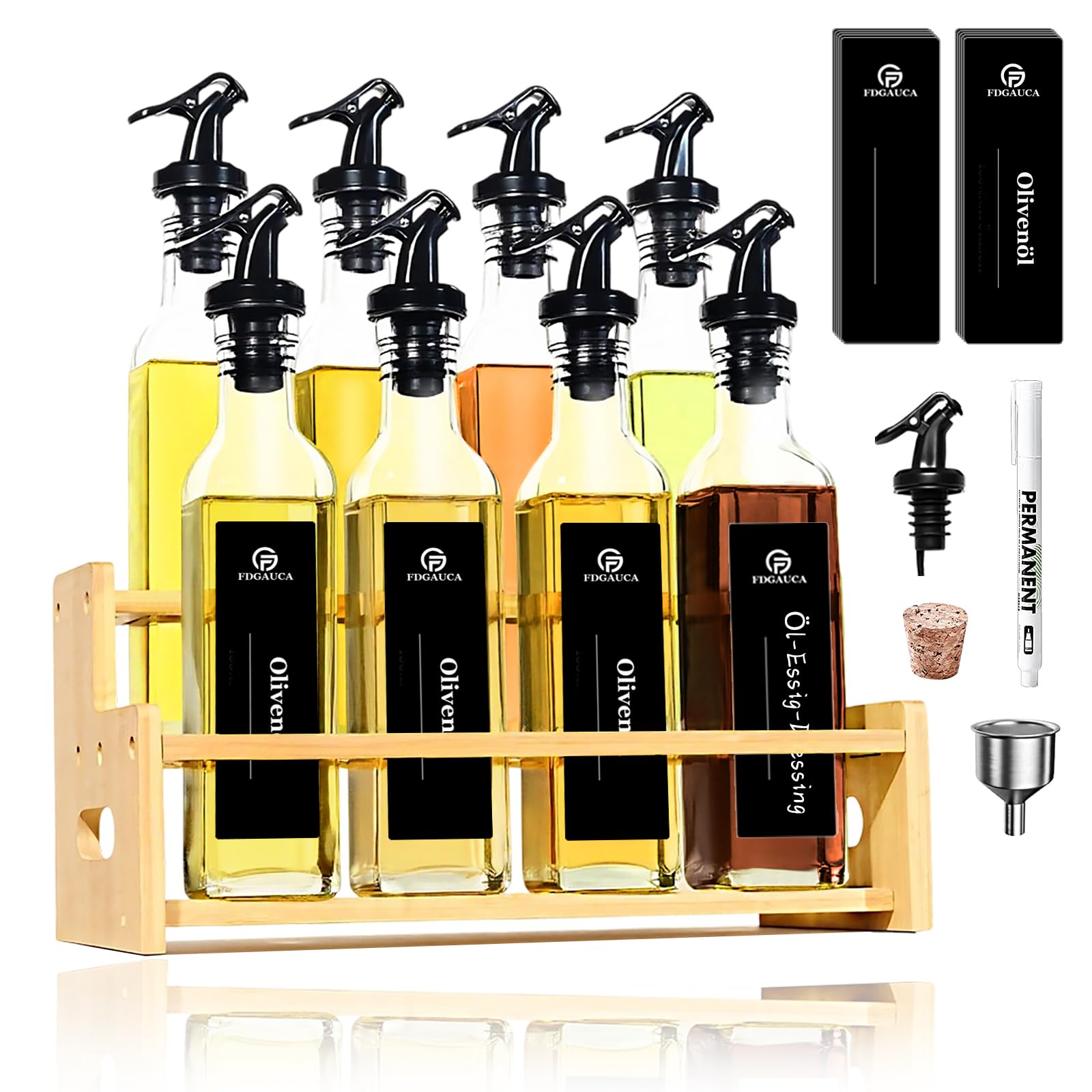 SAEIV Juego de botellas de vinagre y aceite con 8 botellas de aceite de oliva de 250 ml, práctico juego completo con soporte de bambú, botella de aceite a prueba de fugas con boquilla y etiquetas