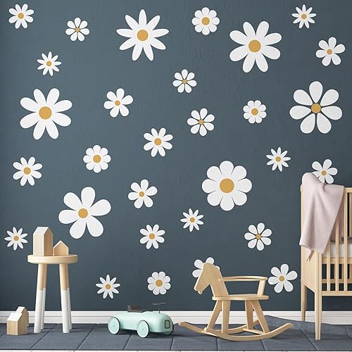 Miniatura 5 de TaoBary 12 hojas de calcomanías de pared de margaritas, bonitas calcomanías de margaritas rosas y blancas, papel tapiz floral para guardería,