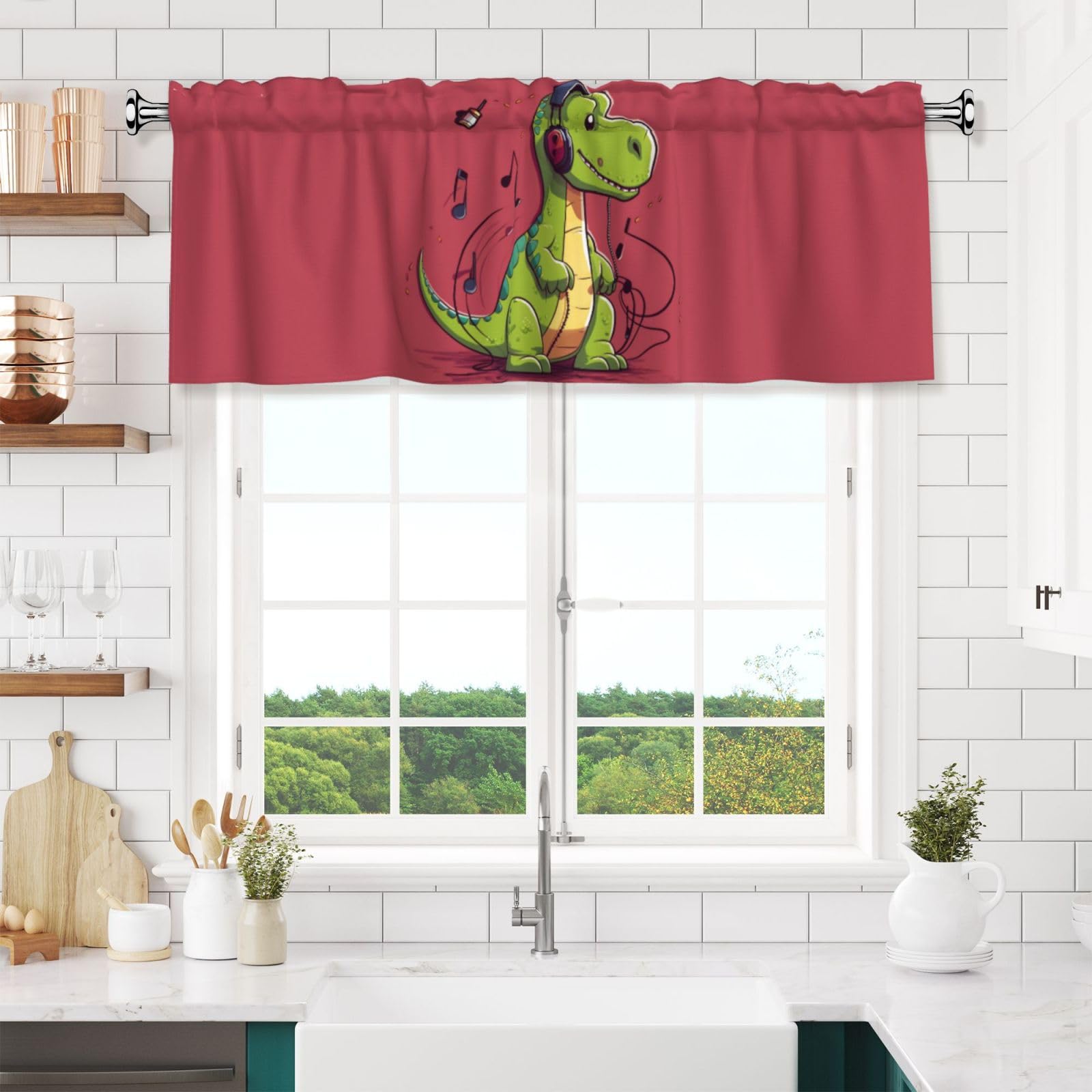 Dinosaur wearing headphones Valances for Windows Short Curtains Rod Pocket Cafe Window Treatments Valance Curtains for Kitchen Bathroom Laundry Basement Windows 54x18inch Blackout Window Valance