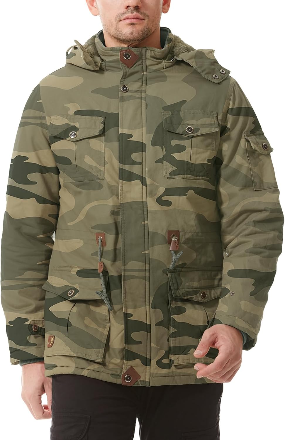Mens Jacket Winter Casual Fleece Lined Cotton Thick Military Tactical Hooded Work Coats with Cargo Pockets - Image 2