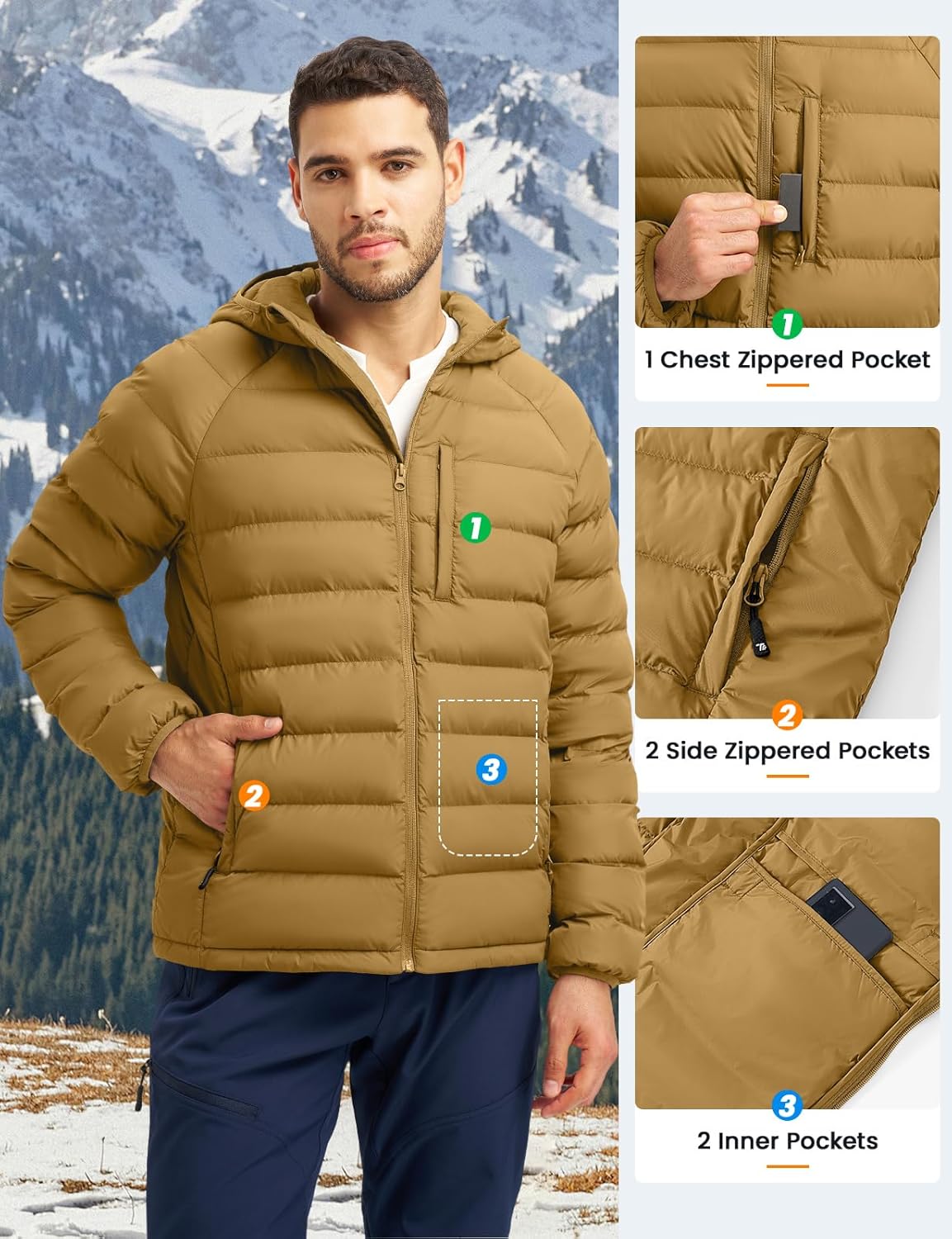 TBMPOY Men's Puffer Jacket Lightweight Hooded Winter Warm Water-Resistant Coat for Ski Casual Travel - Image 6