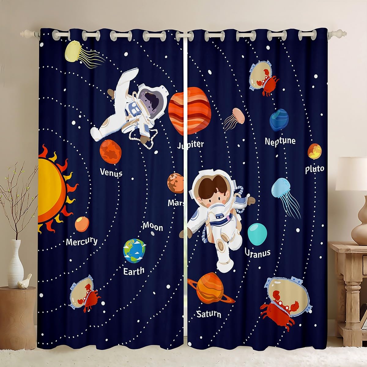 Homemissing Solar System Curtains for Bedroom Living Room Outer Space 30%-50% Blackout Curtains for Kids Adults Universe Planets Window Drapes Cute Astronaut Blue Window Treatments W52*L63