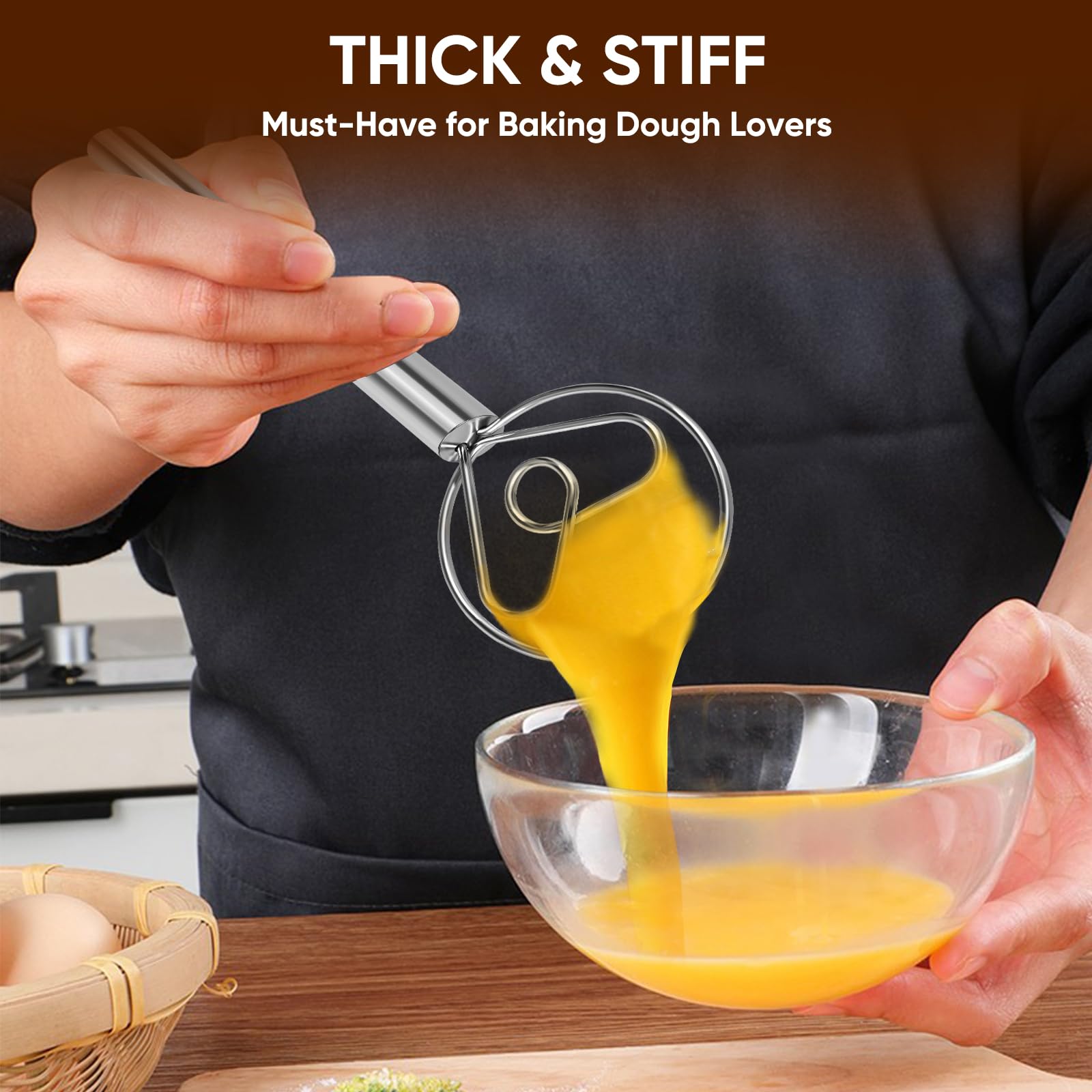 Maxjoy Batidor de masa danés, batidor de pan con gancho de acero inoxidable, batidor tradicional holandés, herramienta manual mezcladora de masa y herramientas y suministros para hacer pan de masa