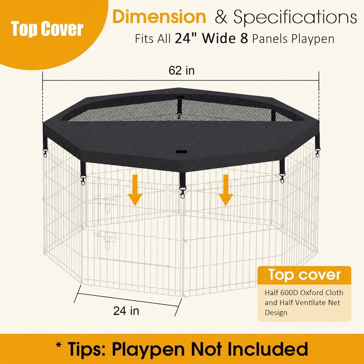 Dog Playpen Top Cover Only, 8 Panel 24 Inch Octagonal Mesh Cover Black image 2