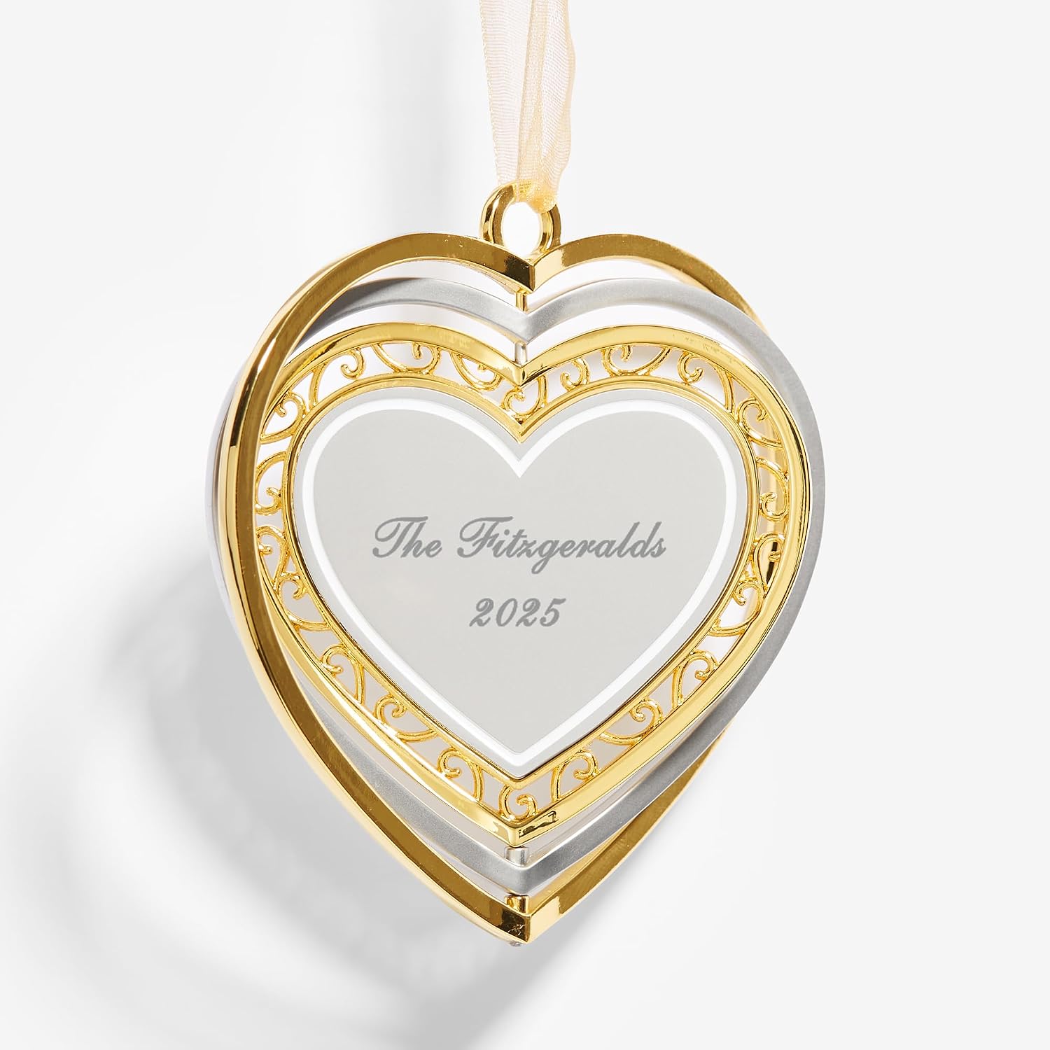 Personalization Universe Signature Heart Engraved Spinning Metal Ornament - Customized Keepsake for Christmas Tree Decorations - Silver Zinc Alloy - 3.5" Gift Boxed - Personalized Gifts
