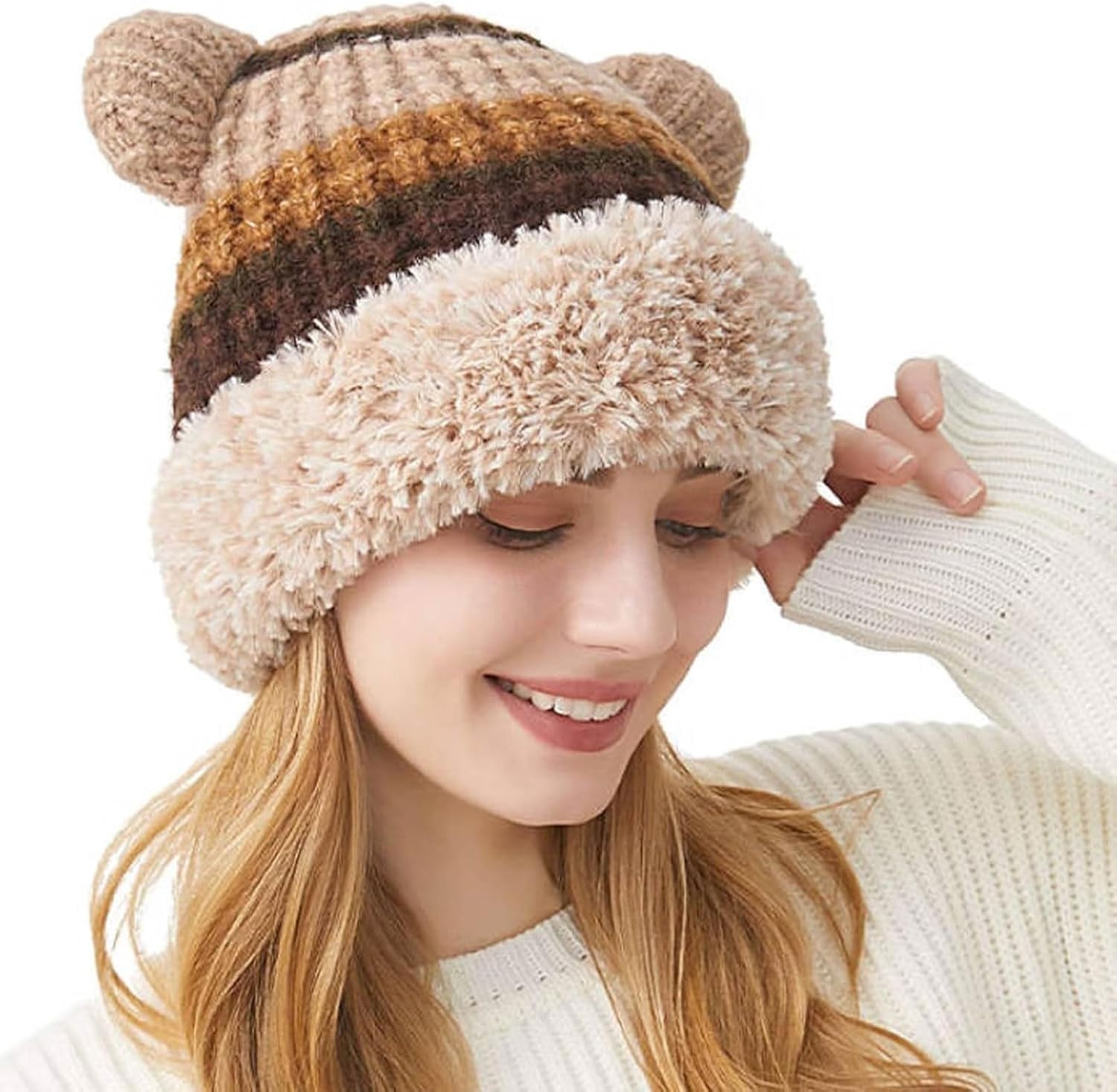 Women's Cute Bear Ear Winter Hat, Knitted Windproof Ear Protection Pullover for Outdoor & Ski Activities