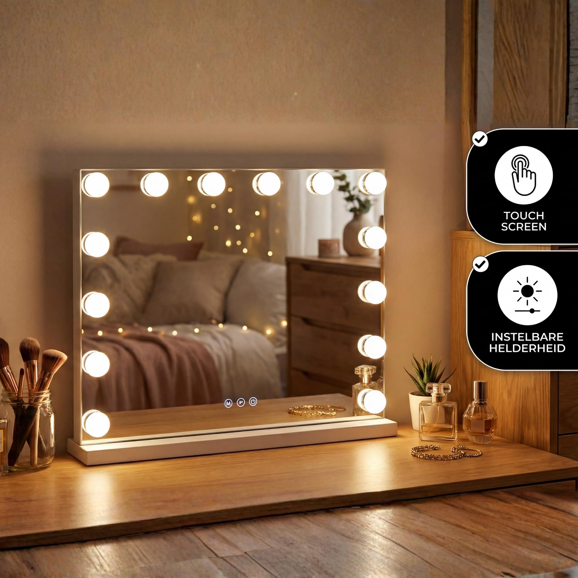 Bayt Specchio Trucco con luci LED – Specchio Hollywood Bianco 50x40 cm con 14 Lampadine Dimmerabili, 3 Tonalità di Luce (calda, fredda, naturale), Touch Screen & Specchietto Ingranditore 10x
