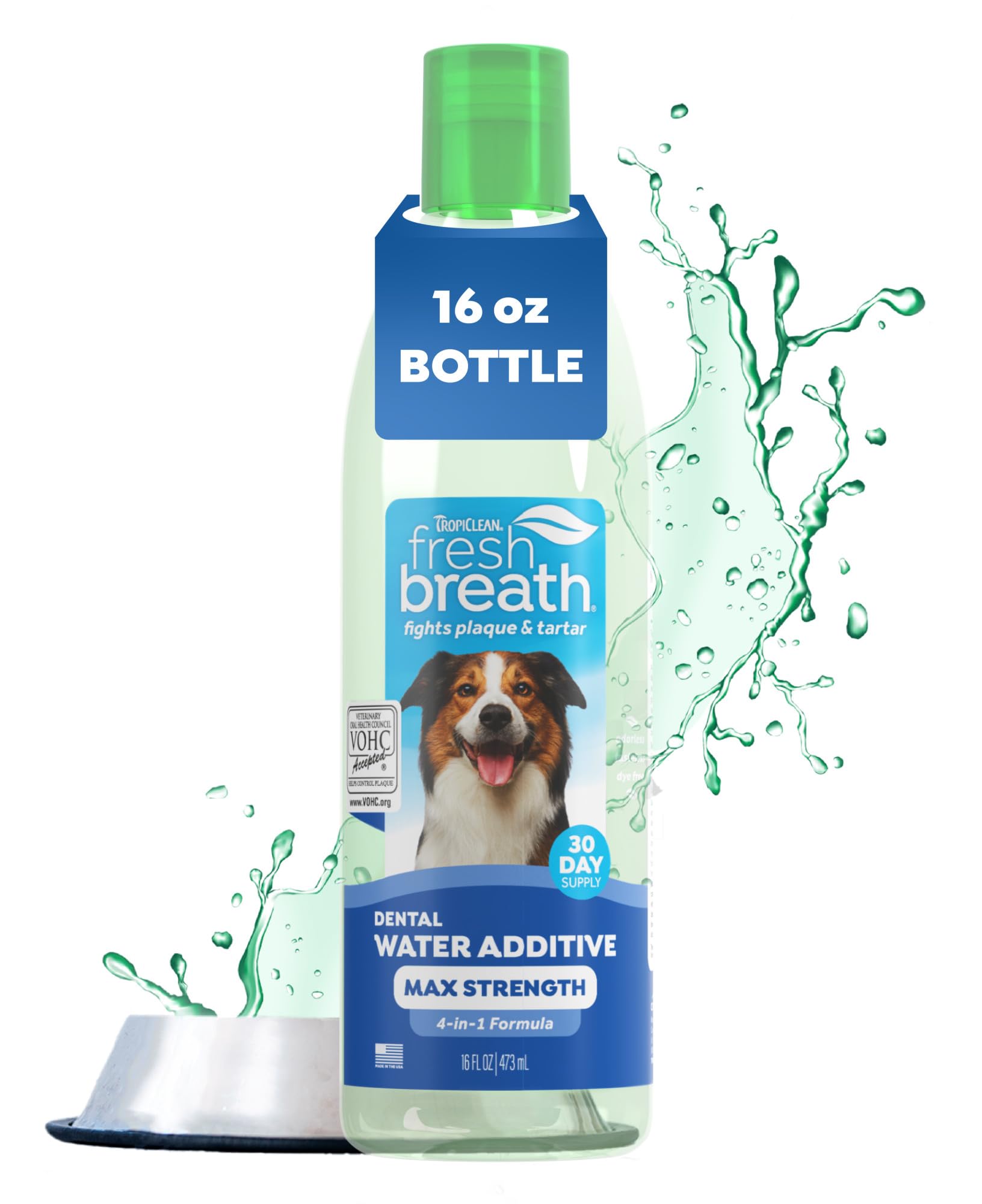 TropiClean Fresh Breath Advanced Whitening Water Additive for Dogs, Max Strength Dog Teeth Cleaning and Breath Freshener Solution, 16oz