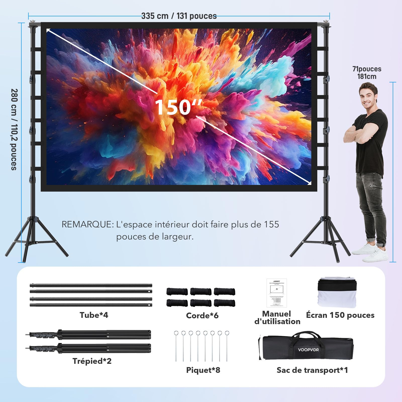 Écran de projection d'extérieur avec trépied 150" : écran de projection portable 16:9 4K HD, écran de cinéma pour intérieur/extérieur, avec sac de transport et support réglable en hauteur pour