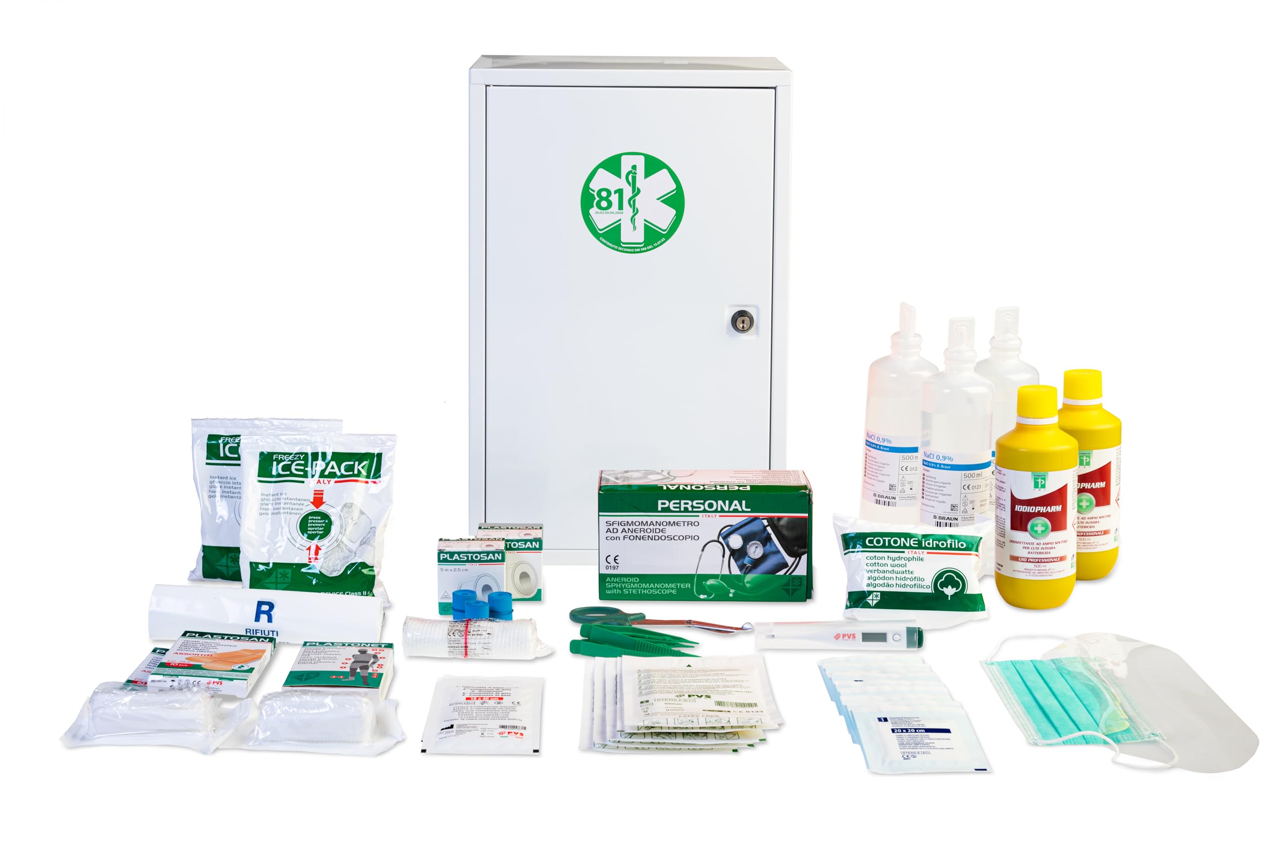 p age Armadietto di Pronto Soccorso in metallo bianco, 3 vani, 2 ripiani interni, serratura con chiave ALL. 1 DA 3 LAVORATORI 460x300x140 mm