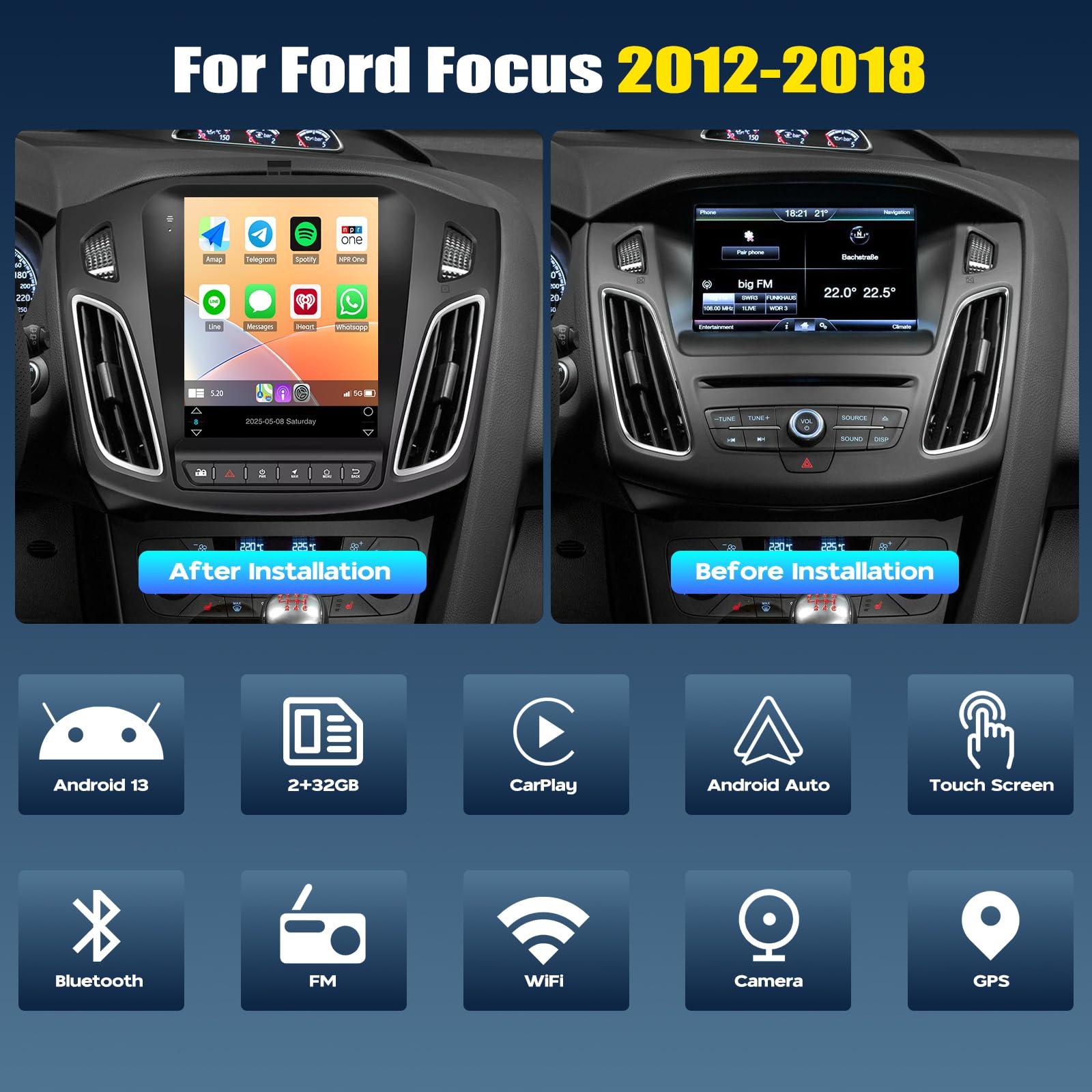 2+32G Android 13 Radio samochodowe dla Ford Focus (2012-2018) z systemem Android Auto 9,7-calowe radio z Bluetooth, FM, WiFi, DSP, SWC, Mirror Link, kamera cofania AHD/mikrofon