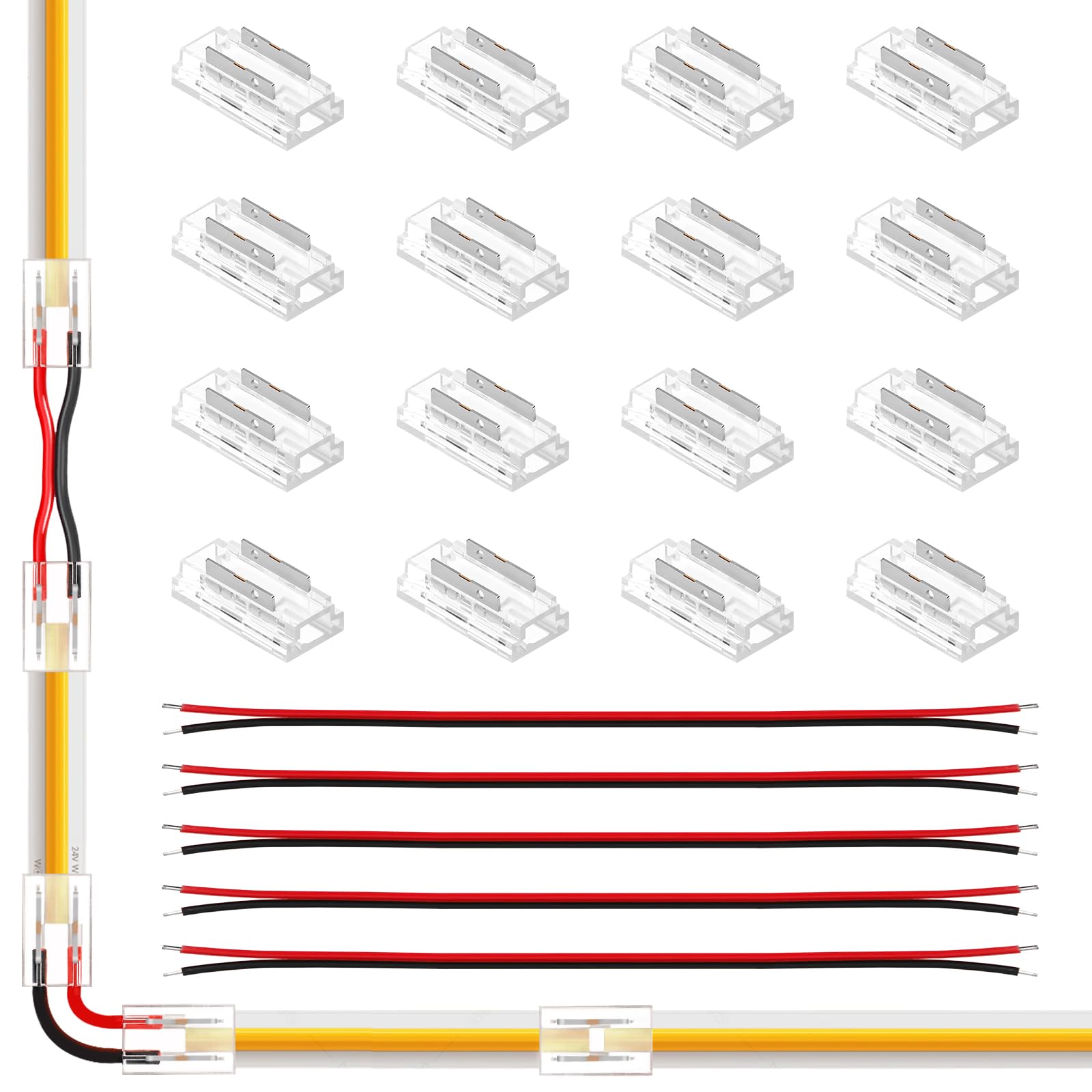 PRECIHW 2Pin 5/8mm COB LED Strip Universal Connectors Kit, Incl. 16Pcs X Type 8-in-1 （Straight, Corner, Wire to Strip, Wire to Wire Connection）+10Pcs