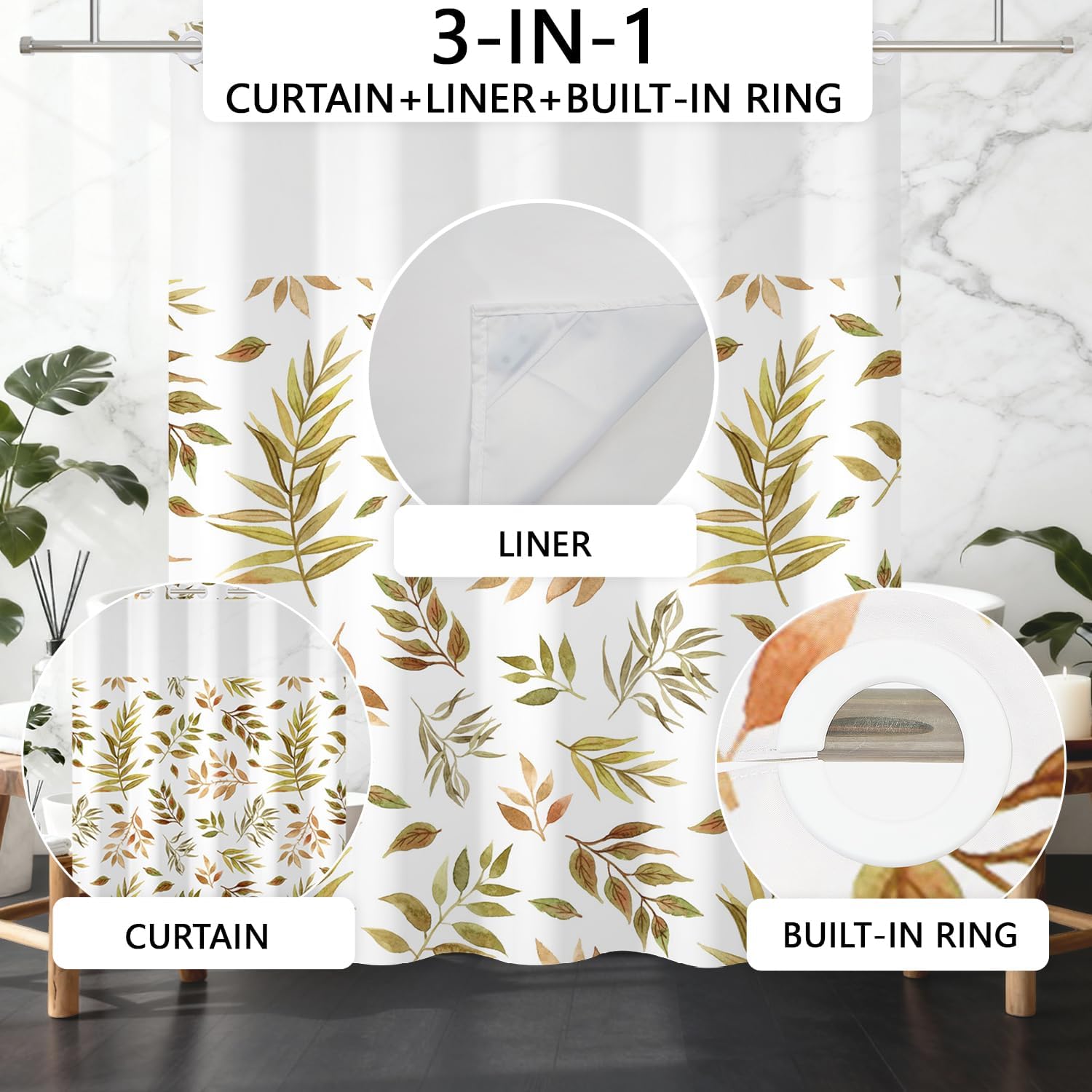 No Hook Shower Curtain with Snap-in Fabric Liner 71x74 Inch, Boho Botanical Leaves Shower Curtain Set, Farmhouse Nature Waterproof Double Layer Bath Curtain with Mesh Top Window