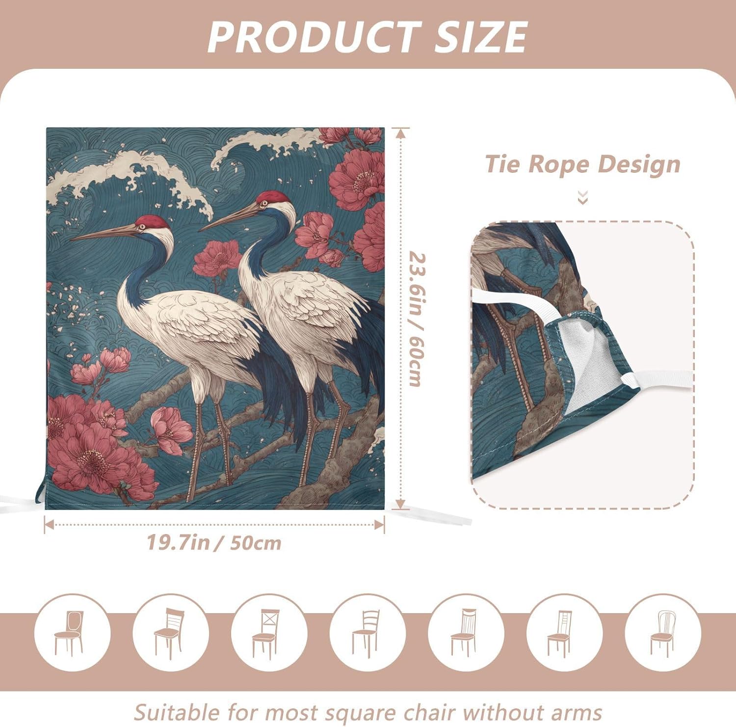 ALAZA Japanese Ocean Waves Cranes Peony Chair Back Cover Set of 6, Washable Reusable Removable Chair Slipcovers Decorative Chair Cover for Home Kitchen Wedding Party