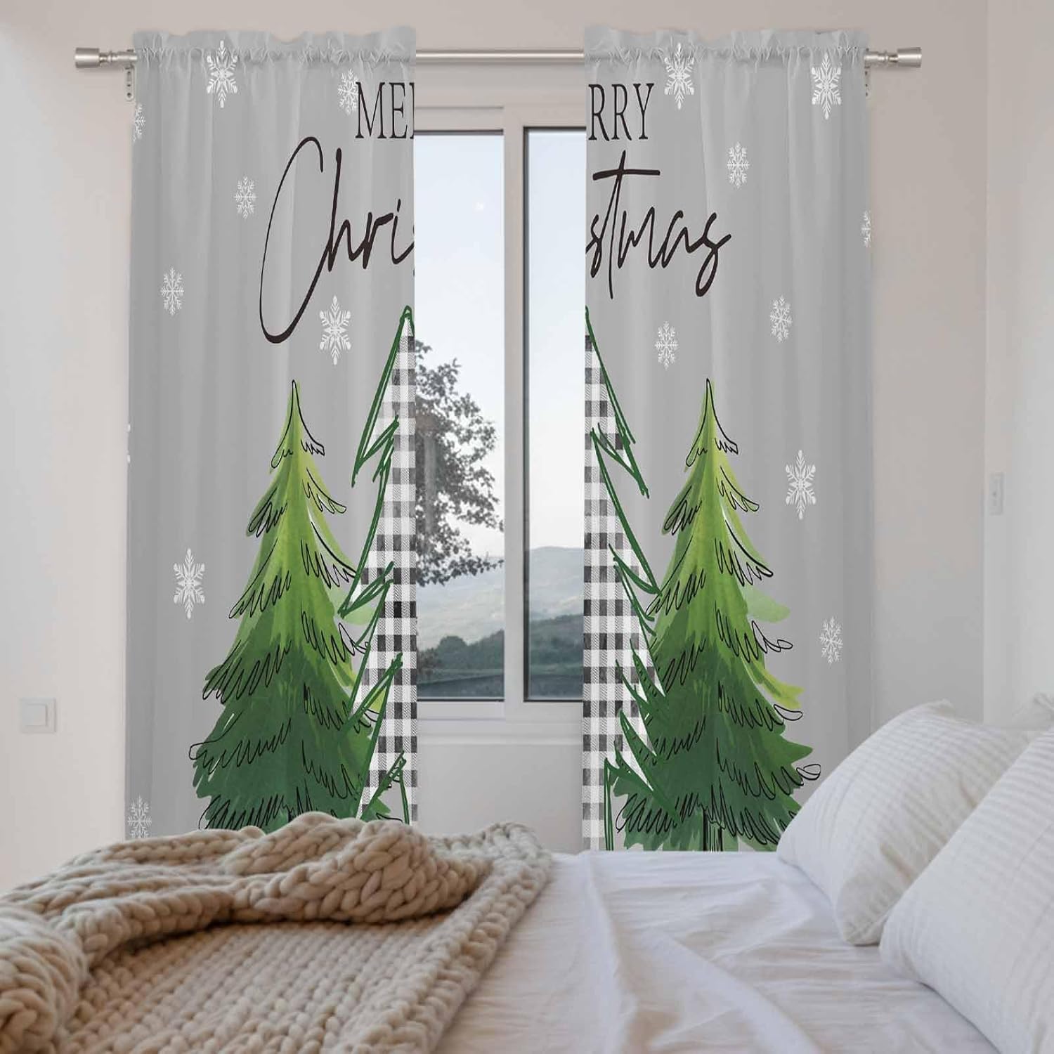 Grey Green Christmas Tree Window Curtains 72 Inch Long 2 Panel Set, Rod Pocket Long Curtains & Drapes, Xmas Trees Snowflake Winter Light Filtering Window Treatment for Bedroom Living Room 52"W x 72"L