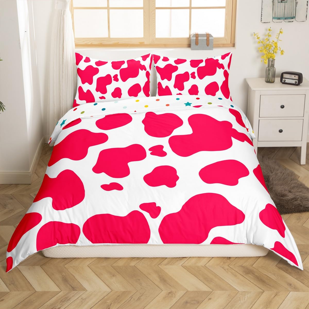 Manfei 3D Cow Fur Print Decorations Beddding,Cowhide Red White Duvet Cover for All Season,Rustic Farmhouse Kids Bedroom Decor Comforter Cover(No Filler) Full Size,3PCS