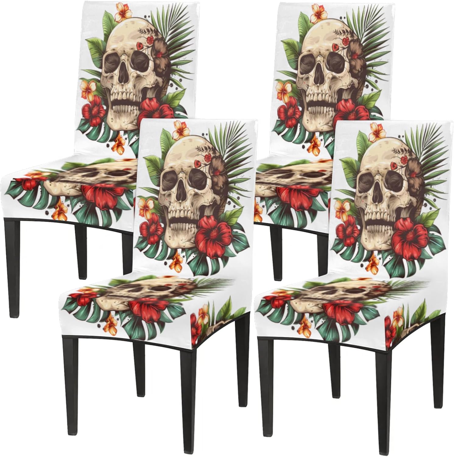 QsirBC Skull Tropical Flower Leaf Stretch Dining Room Chair Covers Set of 6 Chair Slipcovers Removable Washable Kitchen Seat Covers Chair Protectors for Hotel Party Wedding