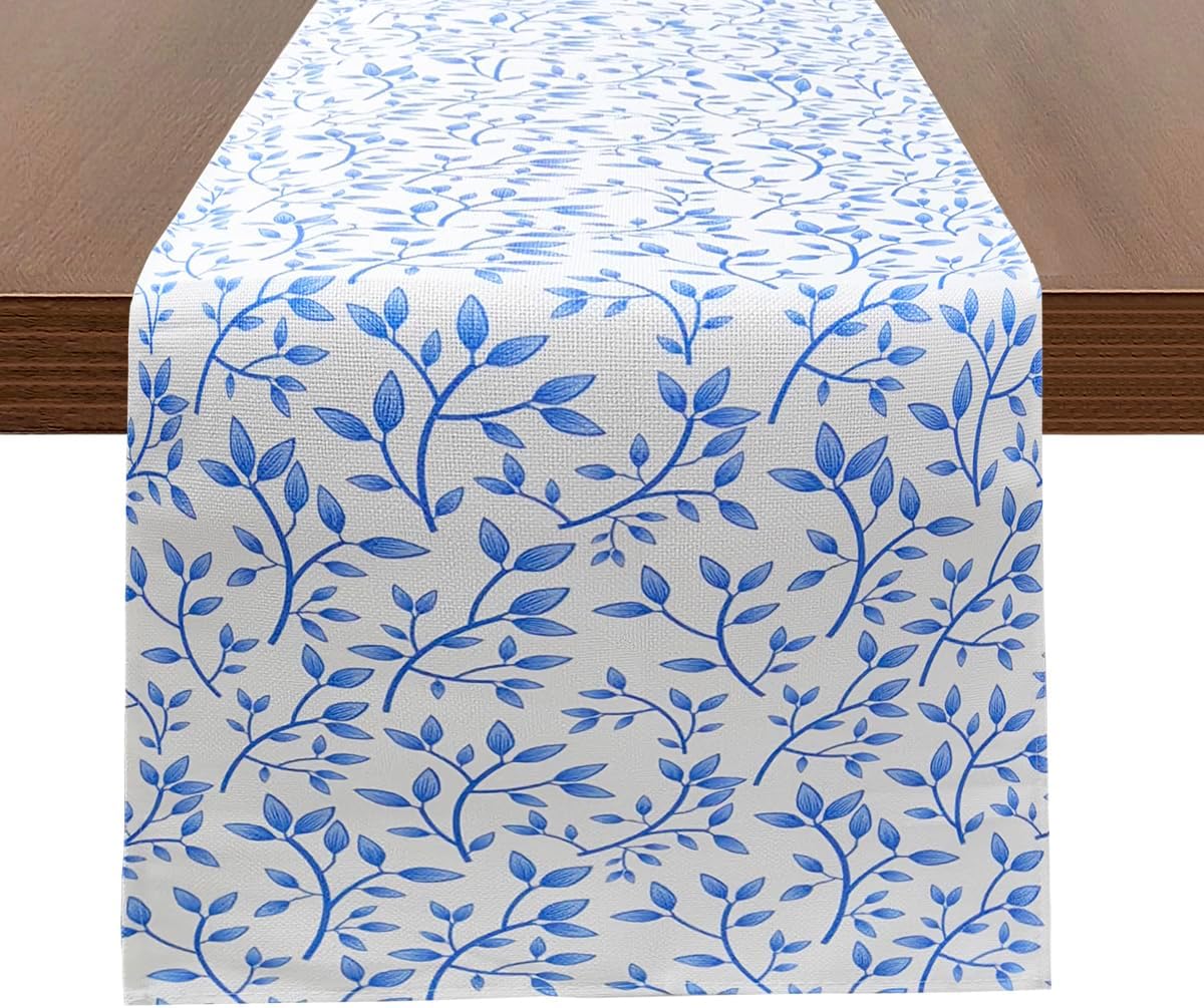 MULBESSBlue Leaves and Branches Floral Table Runner Summer Table Runners Decorations Seasonal Fall Holiday Kitchen Dinning Decor for Indoor Outdoor Home Party 13x72 Inch