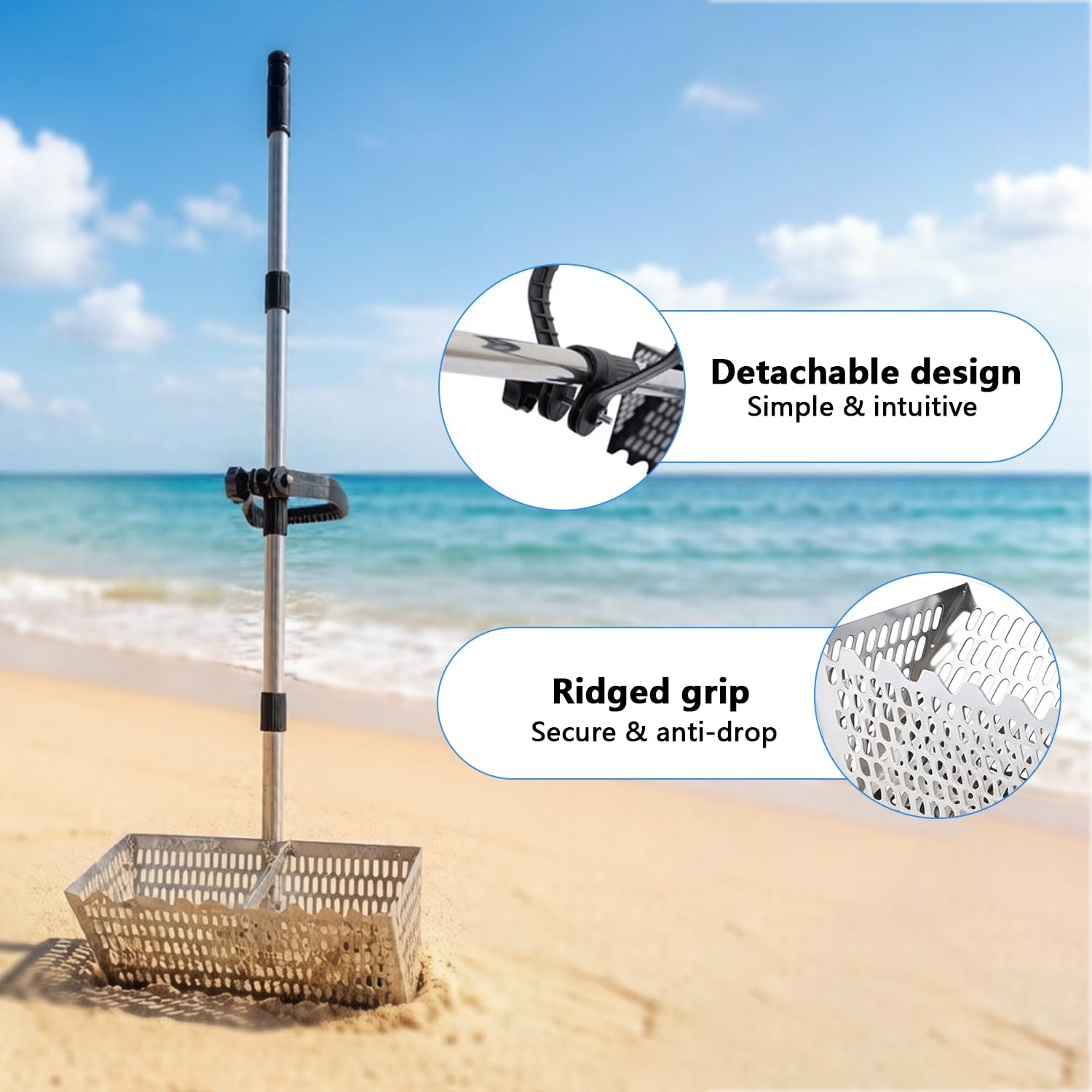 Rastrillo de pulgas de arena para playa, pala y tamiz de arena de acero inoxidable, rastrillo de dientes de tiburón extra grande de 16 pulgadas de ancho con mango desmontable de 55 pulgadas de largo