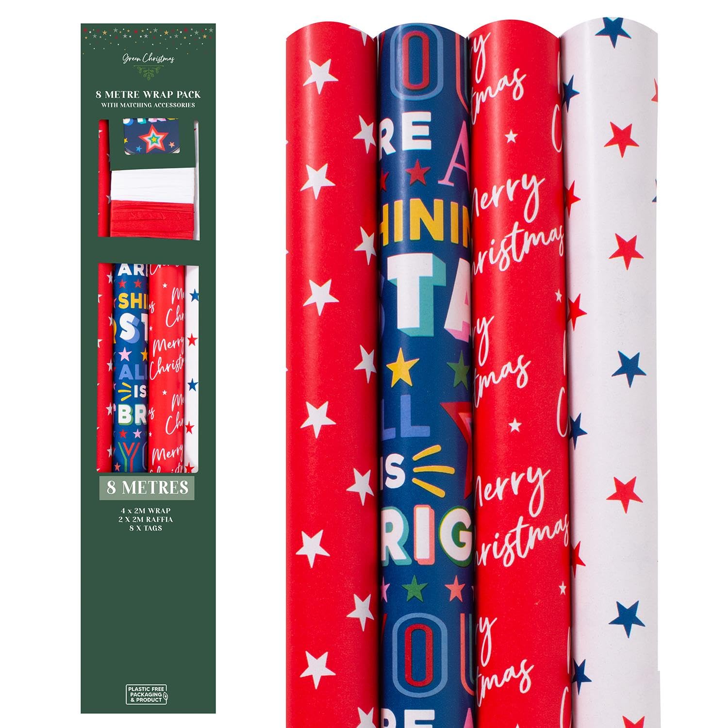 YöL 8 Metres Christmas Wrapping Paper Set Pack Red White Blue Star Theme With Raffia And 8 Tags Xmas Presents Uniform Gifts