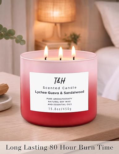Miniatura 6 de Vela aromática de soja de 3 mechas para el hogar, vela perfumada de guayaba de lichi y sándalo, vela grande en tarro rosa de 15.8 onzas, vela de spa